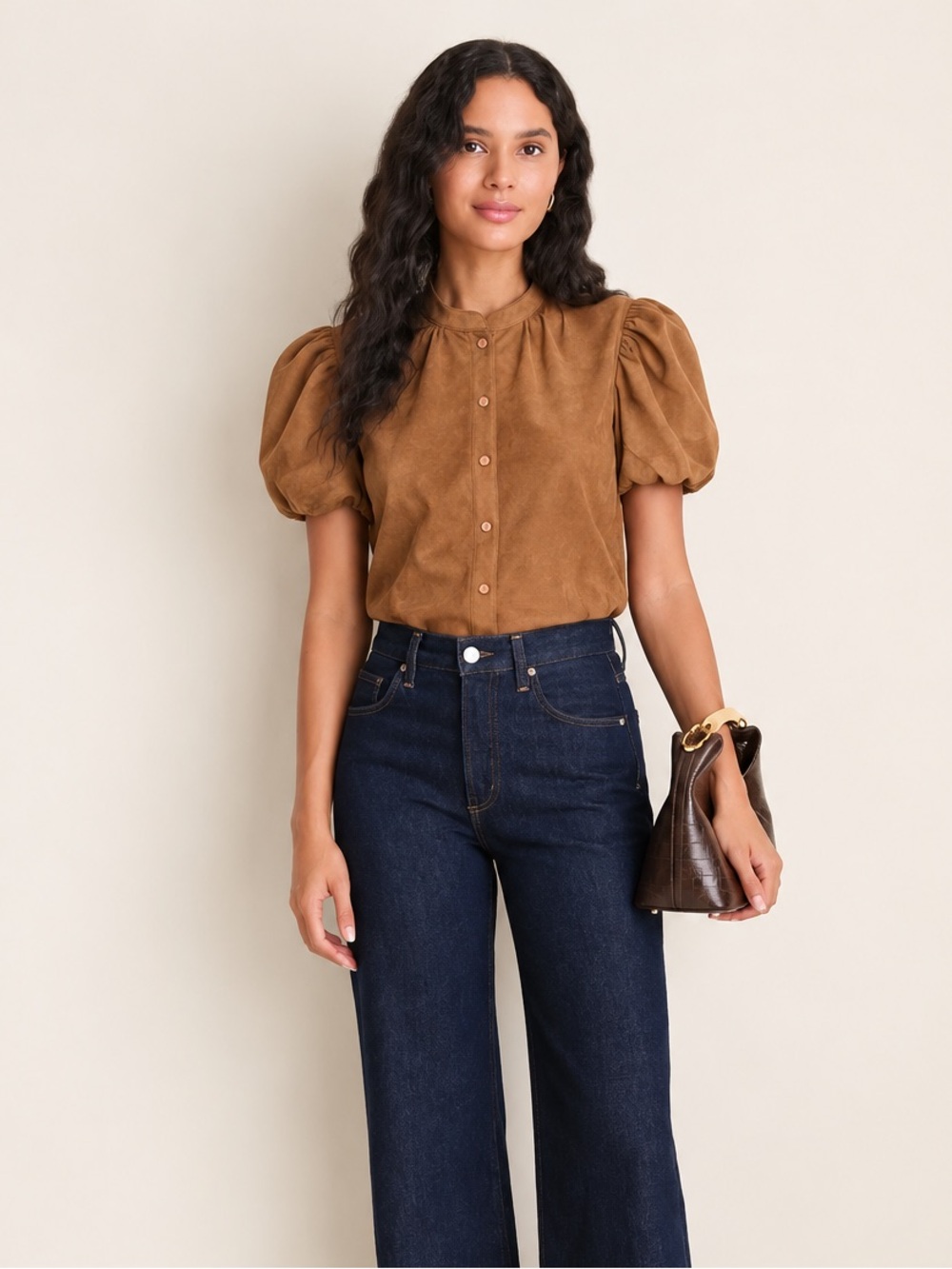 Industry Faux Suede Puff Sleeve Button Down Blouse Cognac Brown Small